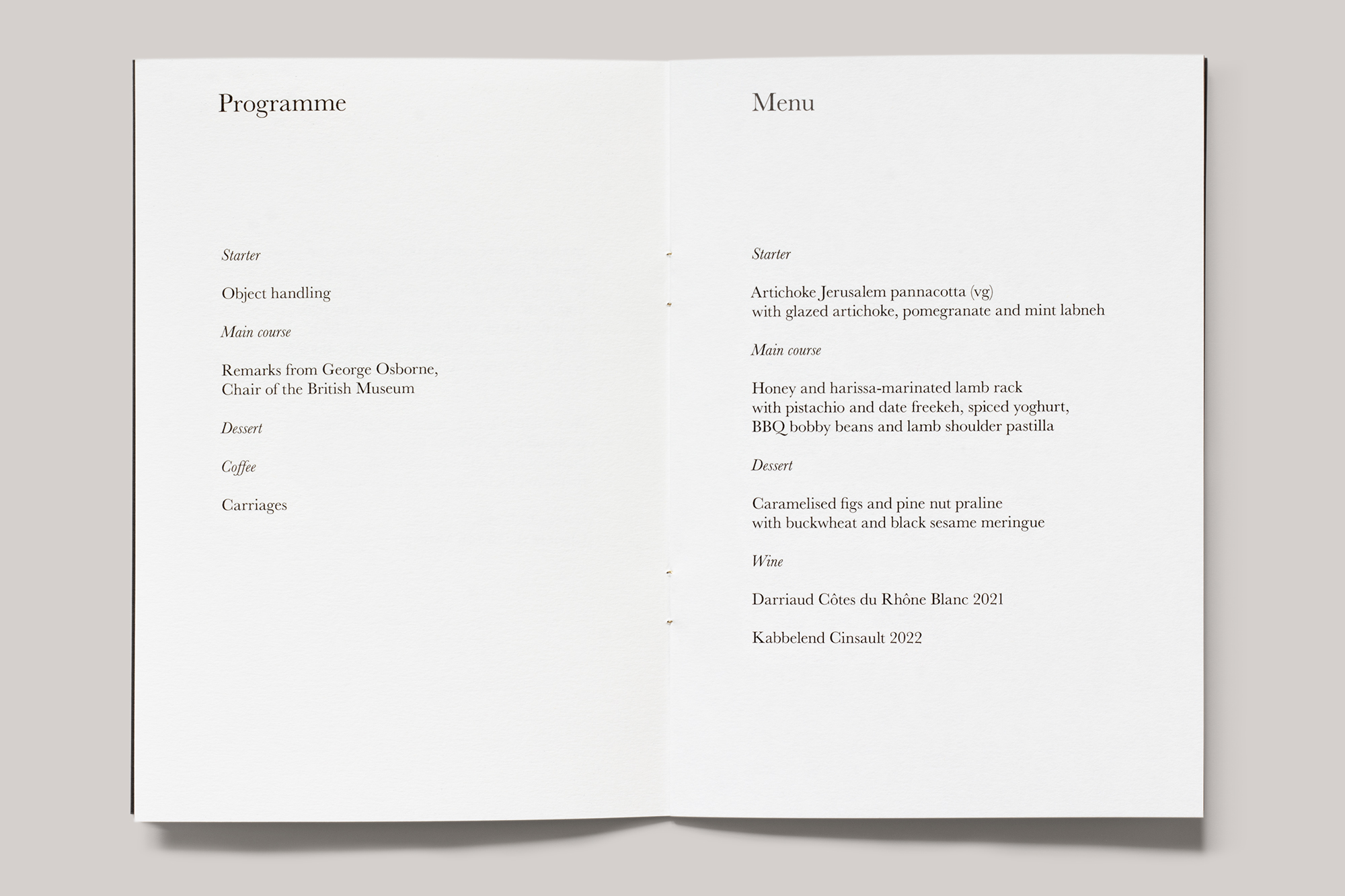 Sample spread of the booklet for the Trustees' Dinner 2023